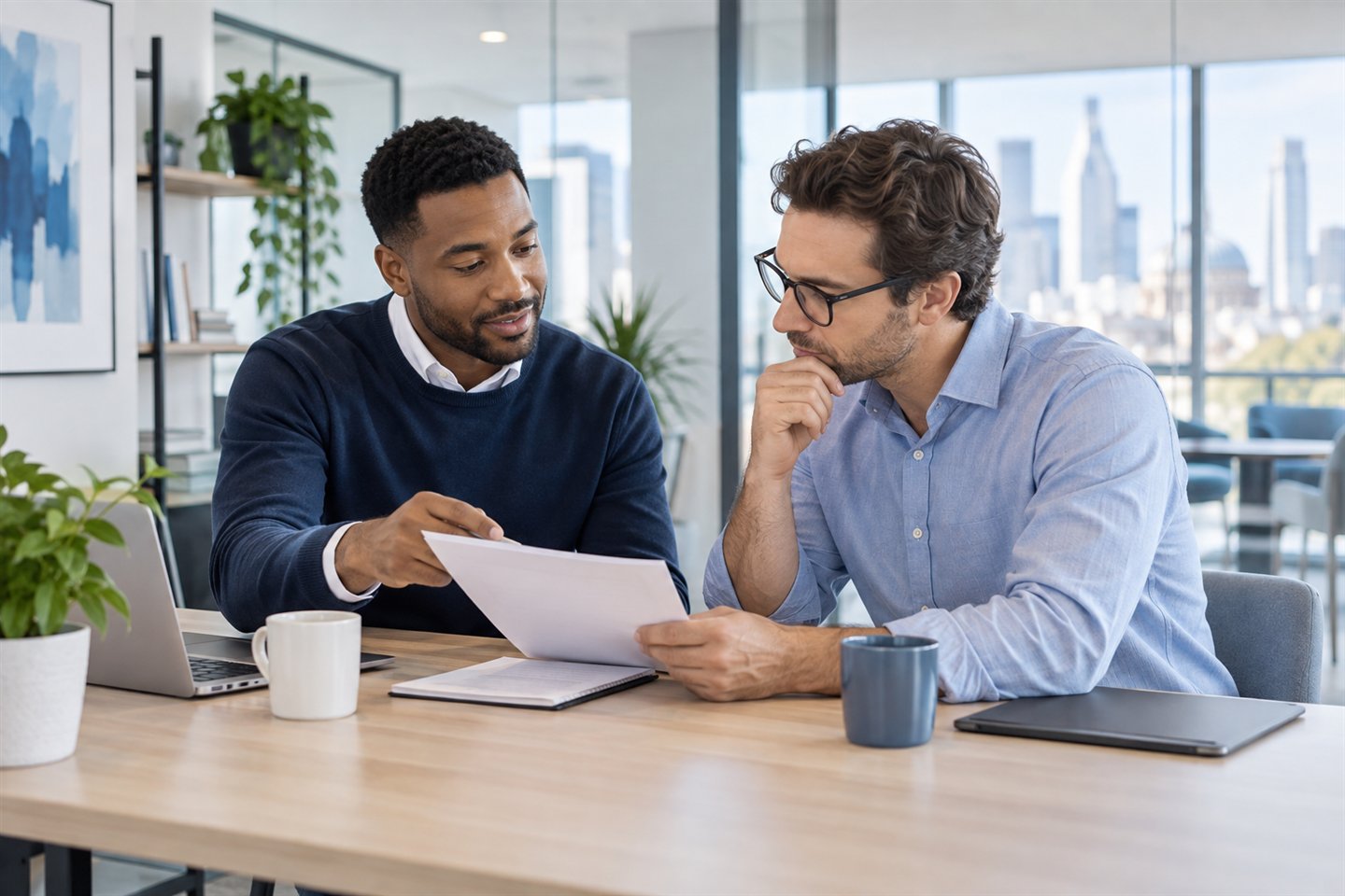 An adviser helping a client in a bright contemporary workspace