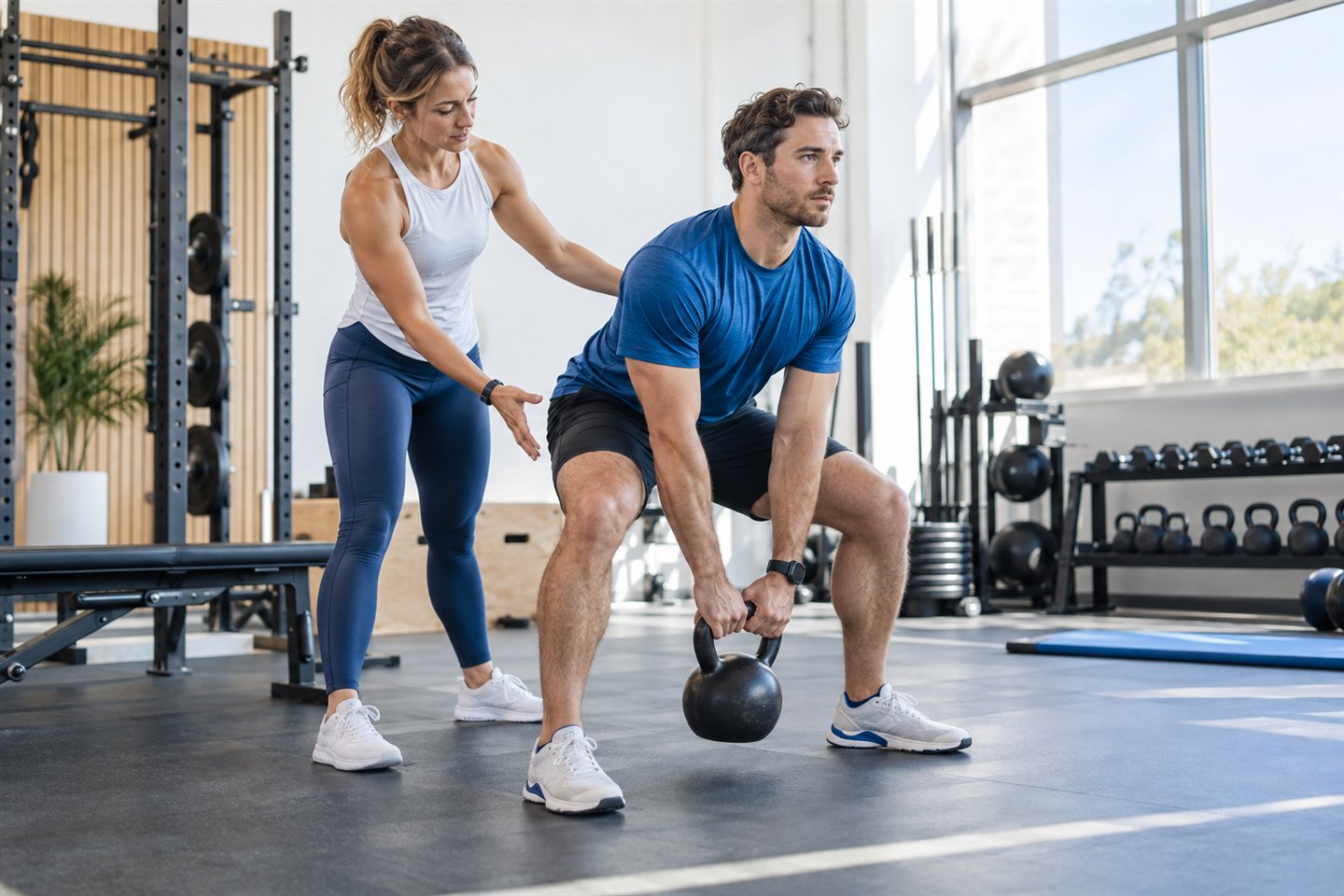 A personal trainer coaching a client in a bright modern gym
