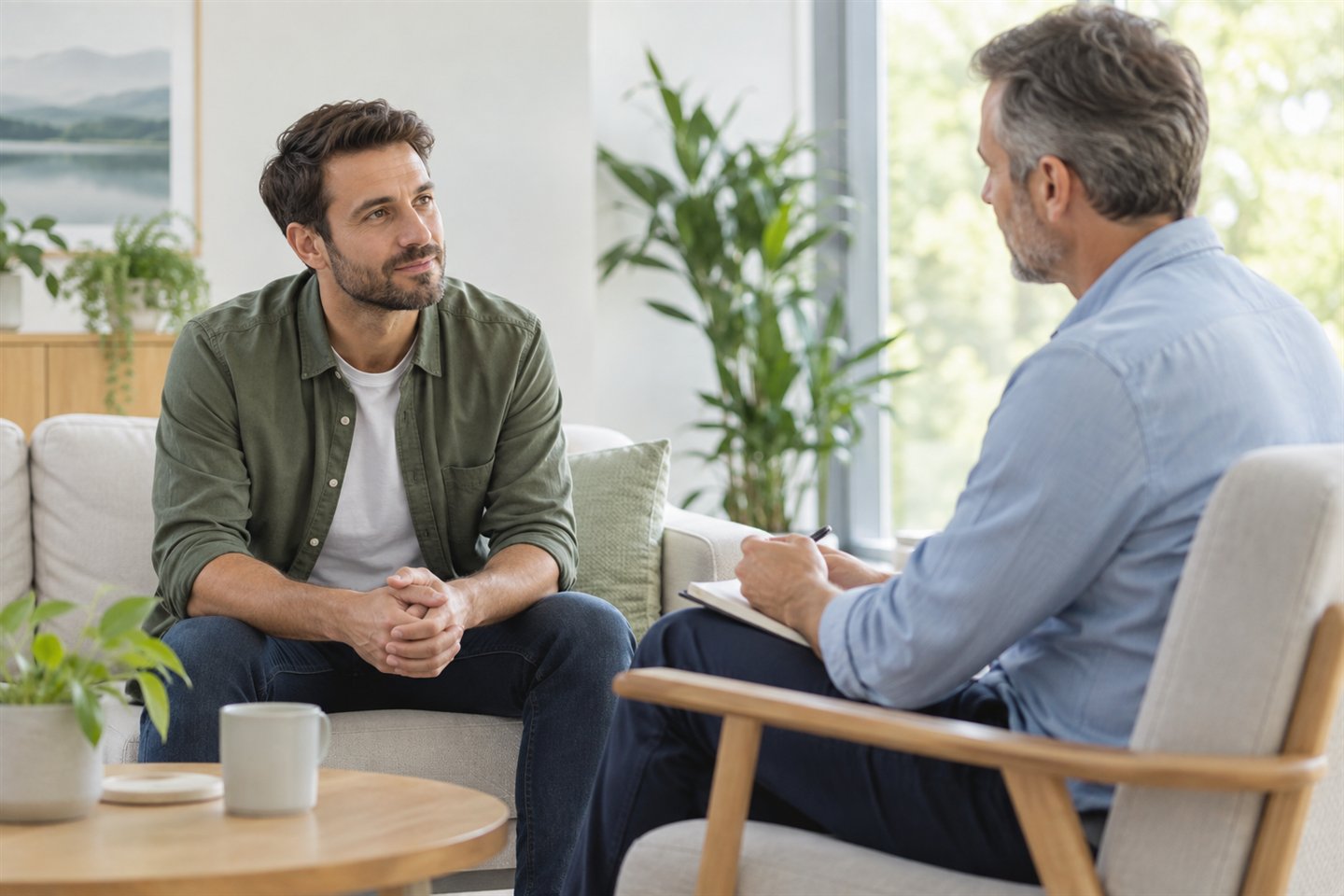 A man having a calm conversation with a wellbeing professional